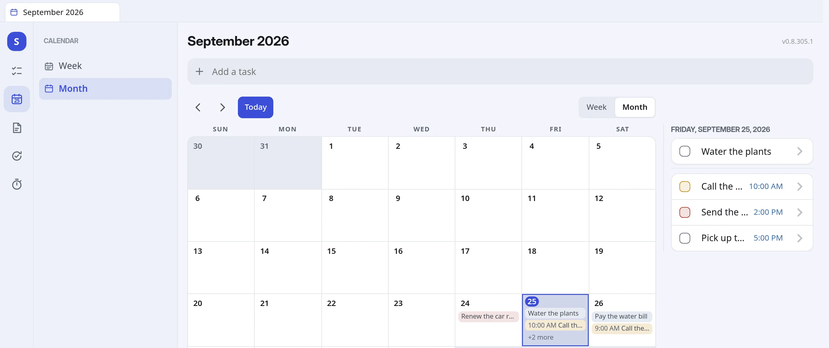 A month of tasks in the Marbler calendar, with the chosen day listed beside it