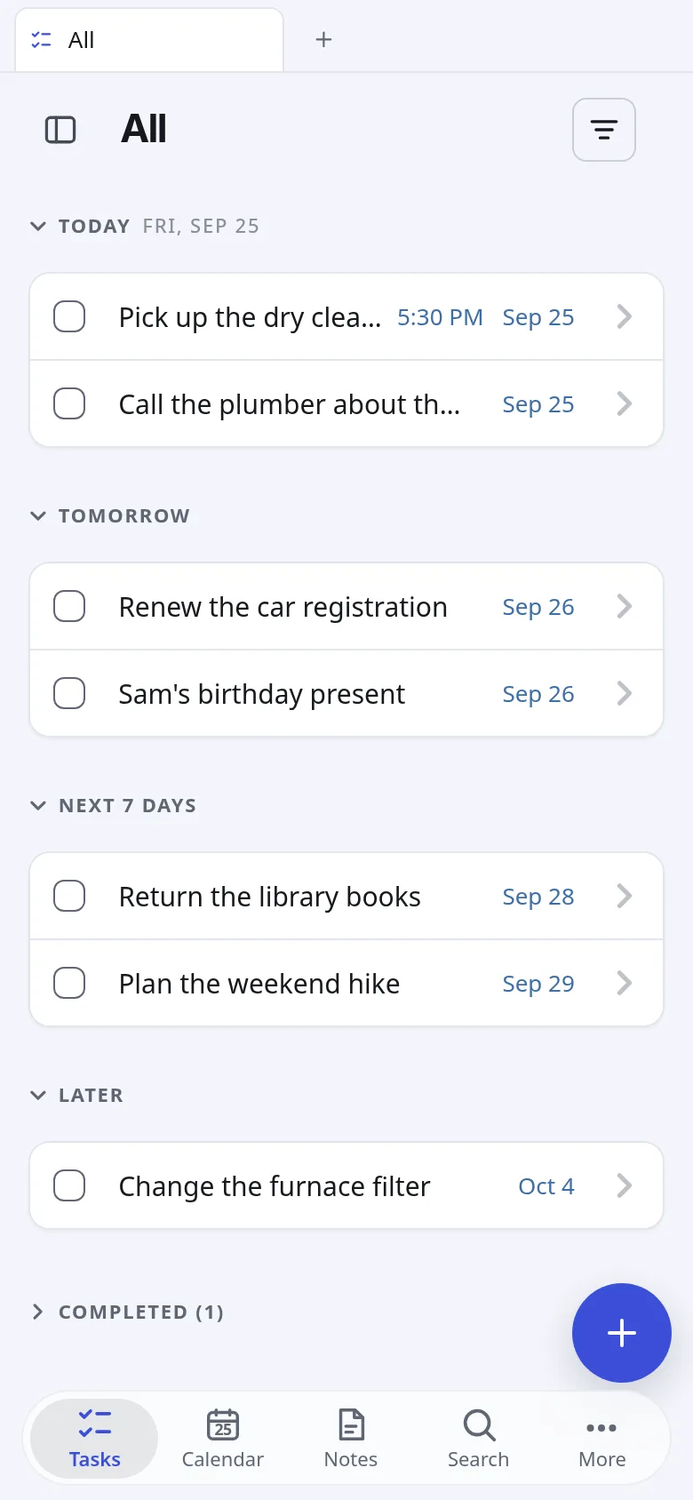 The Marbler task list on a phone, grouped by Today, Tomorrow, Next 7 days and Later